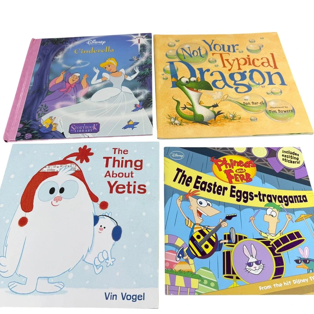 Childrens Book Lot 8ct Disney Cinderella Phineas Ferb Goldilicious Bugs Life Sam